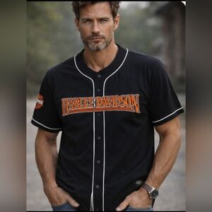 Harley Davidson Sz 2XL Mens Baseball Jersey Black Button Down Short Sleeve